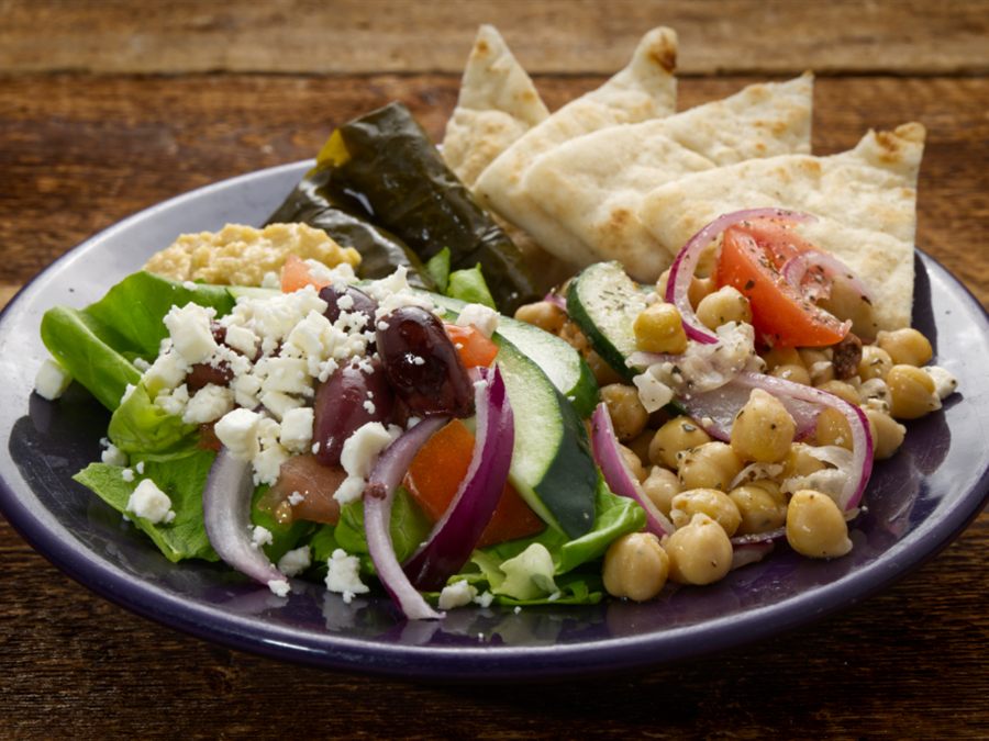 It’s All Greek to Me: garbanzo salad, Greek salad, hummus, pita and dolmas
