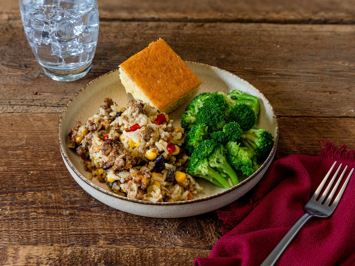 Southwest beef and rice with cornbread and broccoli