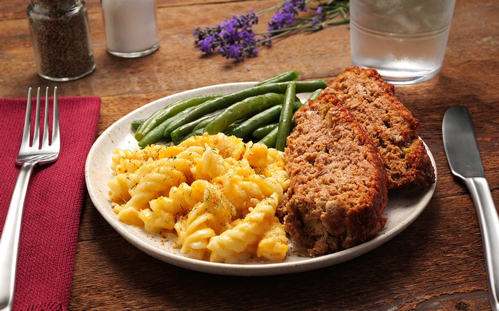 Meatloaf with mac & jack and green beans, a meal from our Take Them a Meal store